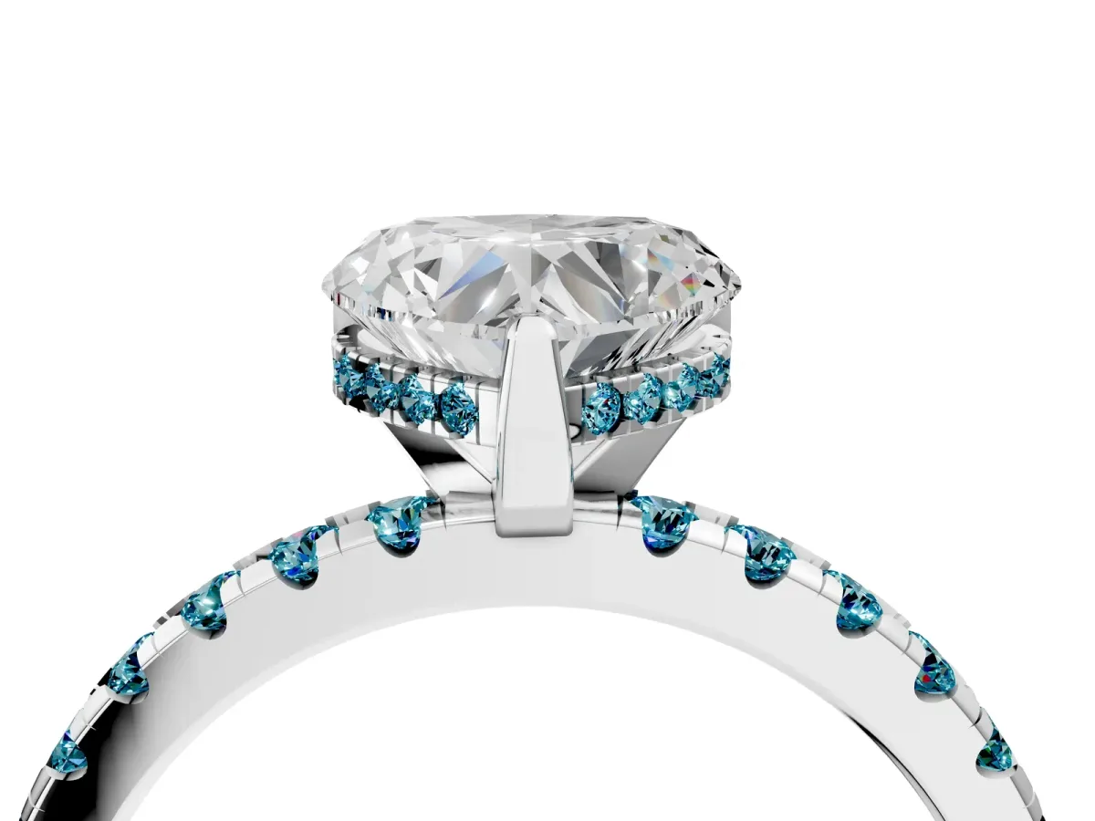 Heart Cut Diamond Solitaire Ring with Round Blue Topaz Pavé Band and Four-Prong Setting White gold