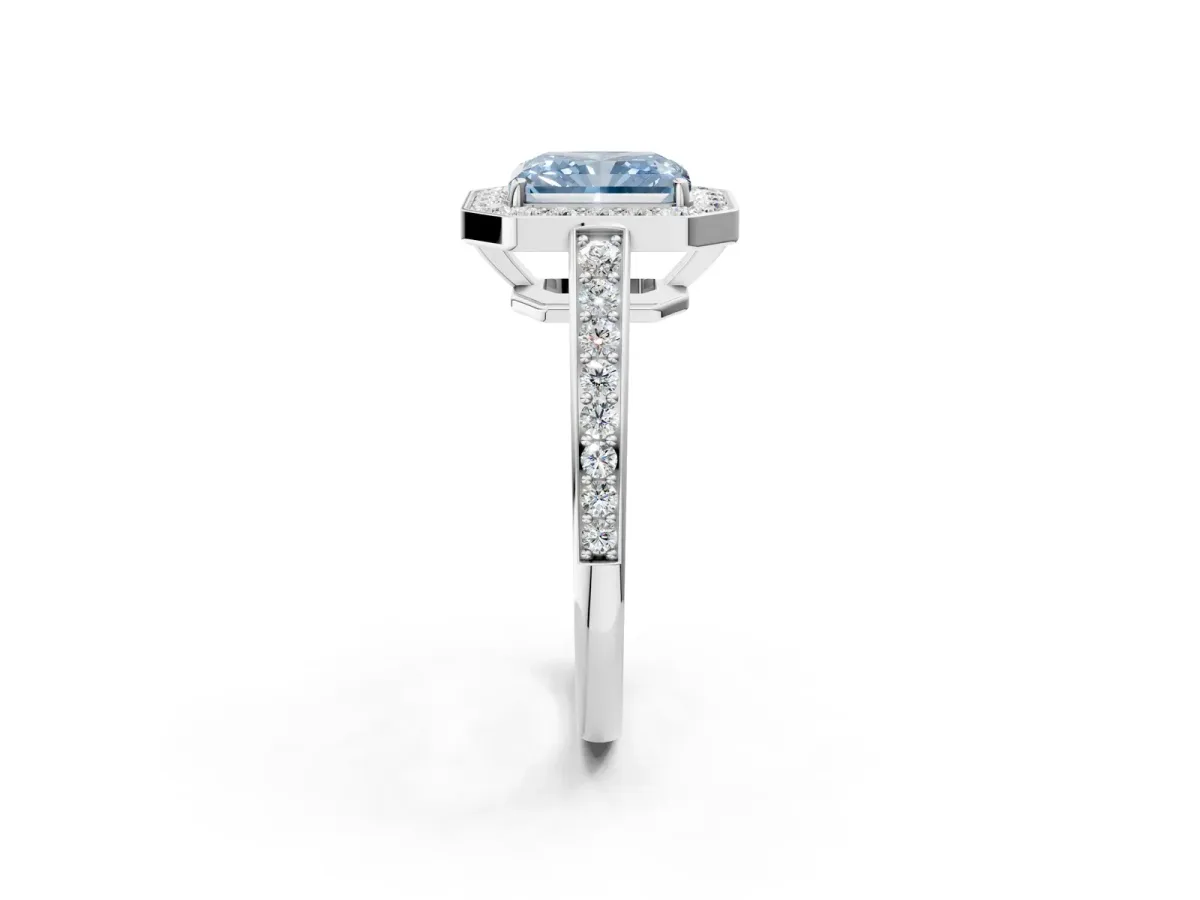 Fancy Blue Radiant Cut Halo Pavé Diamond Engagement Ring with Bezel Setting Silver