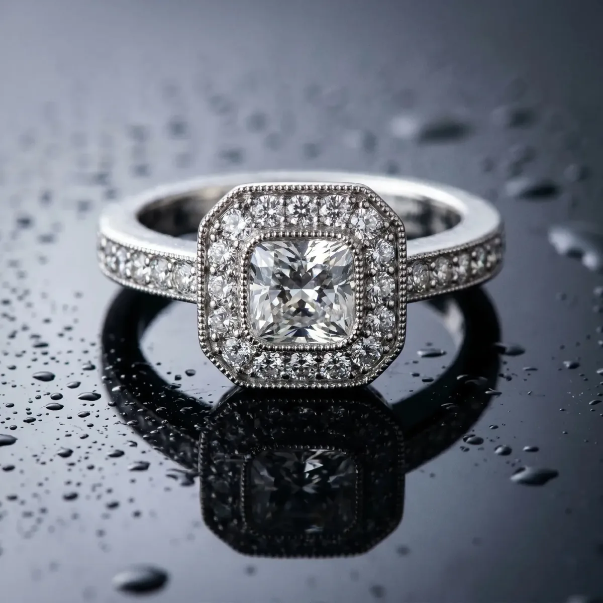 Cushion Cut-Cut Diamond Halo Engagement Ring with Pave Band and Prong Setting White gold