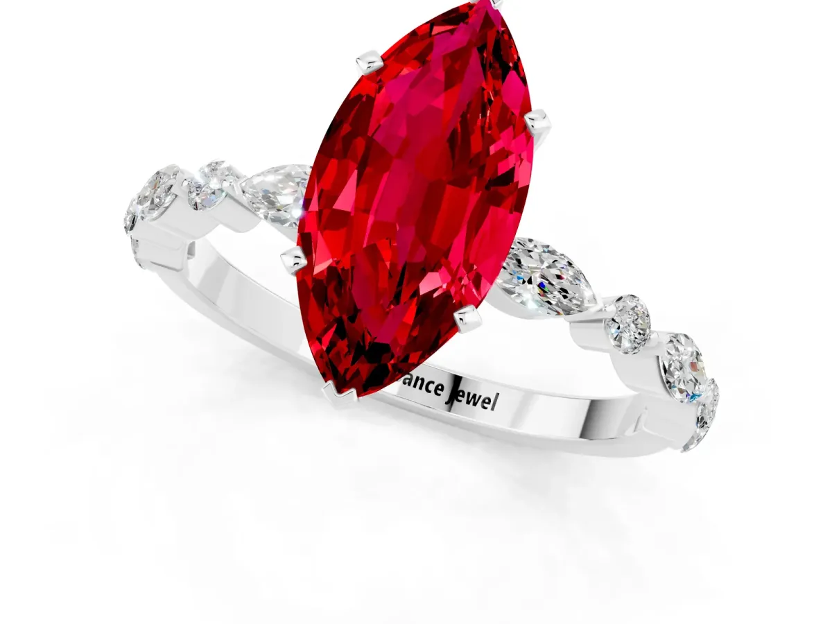 Marquise Cut Ruby Ring with Marquise and Round Side Stones and Four-Prong Setting White gold