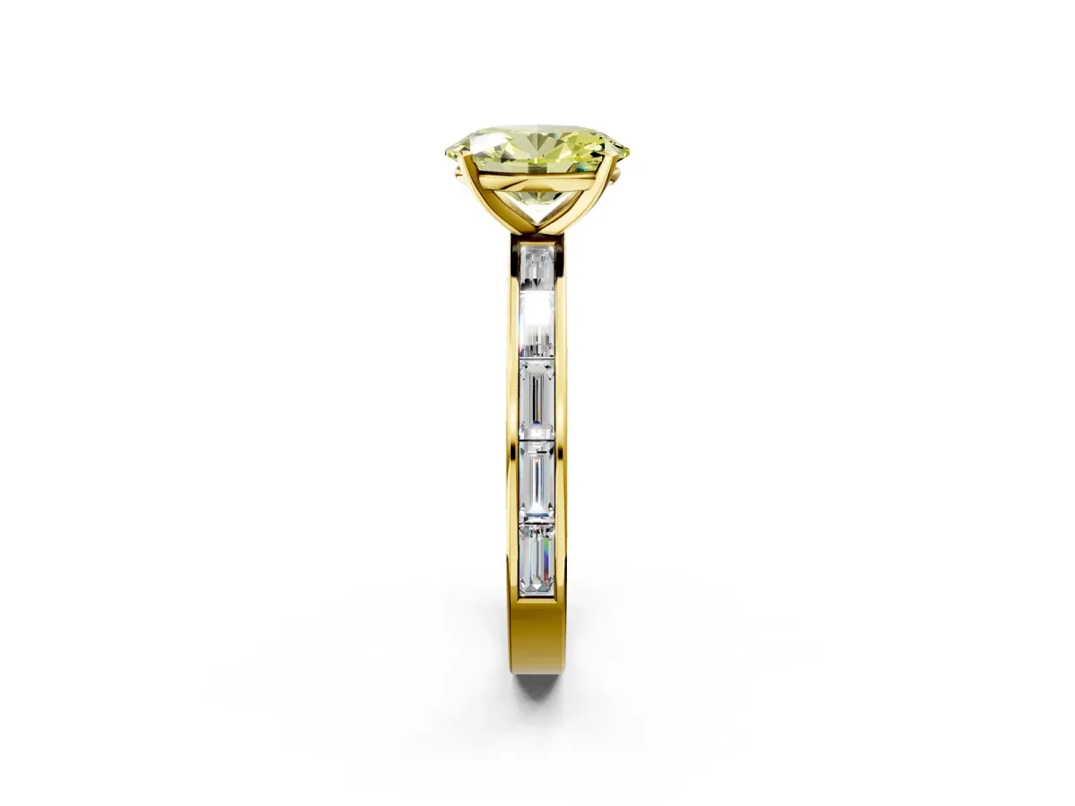 Fancy Yellow Oval Cut Solitaire Diamond Ring with Channel-Set Baguette Band and Four-Prong Setting Yellow gold