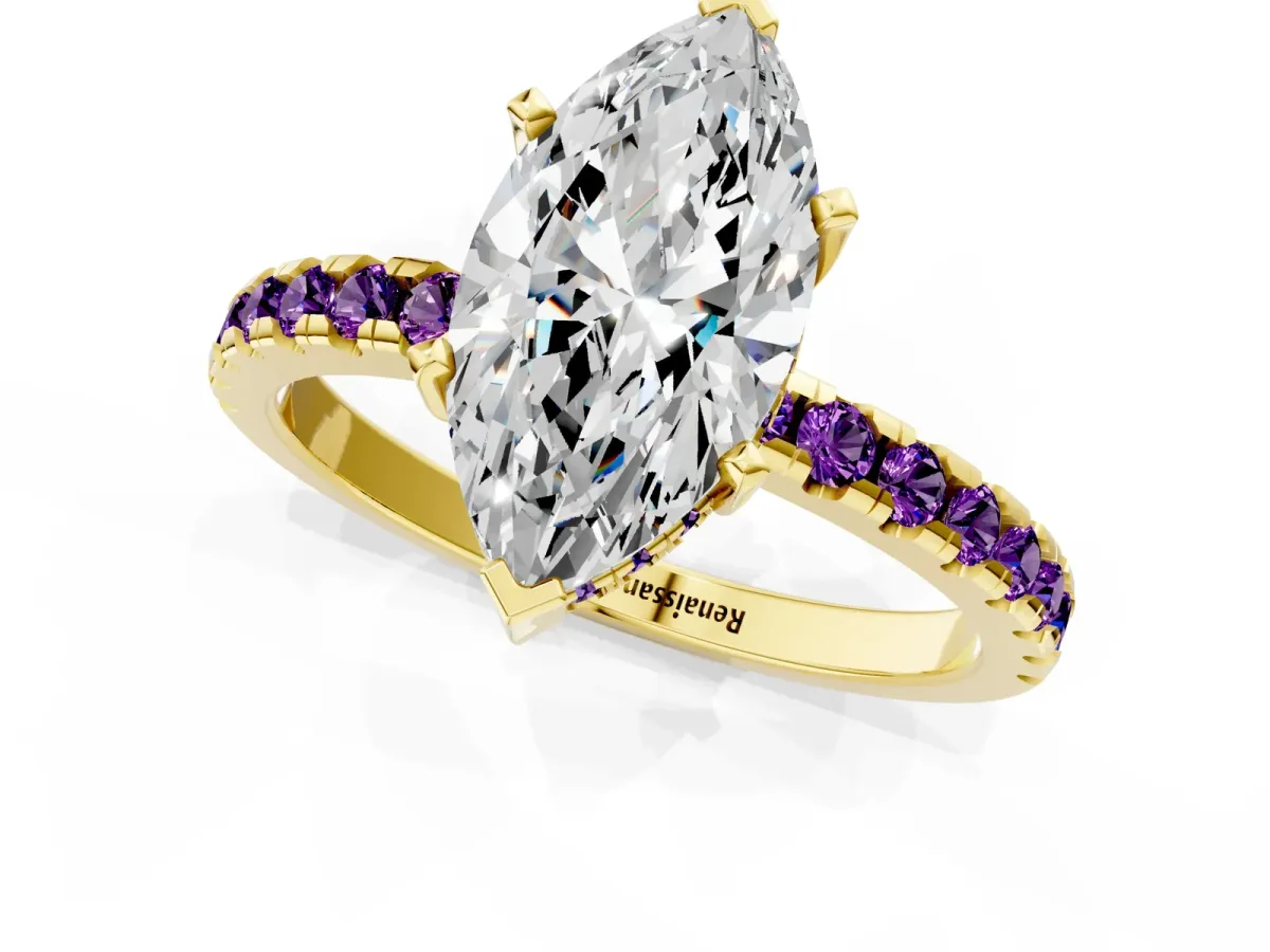 Marquise Cut Diamond Solitaire Ring with Round Amethyst Pavé Band and Four-Prong Setting Yellow gold