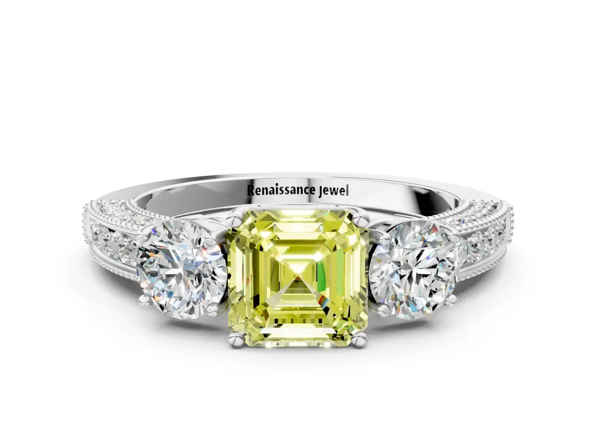 Fancy Yellow Asscher Cut Three-Stone Diamond Ring with Pavé Band and Four-Prong Setting Platinum