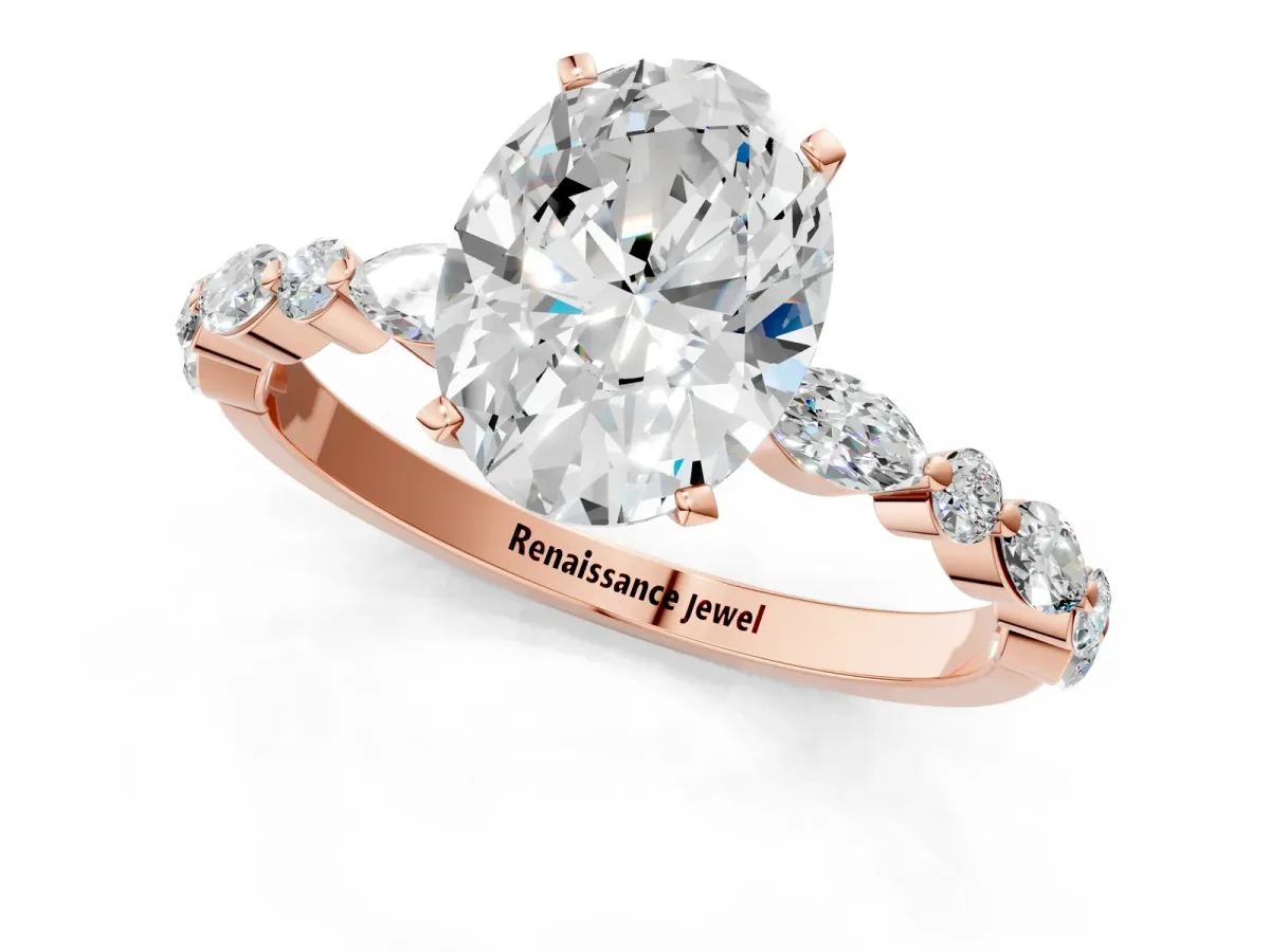 Oval Cut Diamond Ring with Marquise and Round Moissanite Side Stones and Four-Prong Setting Rose gold