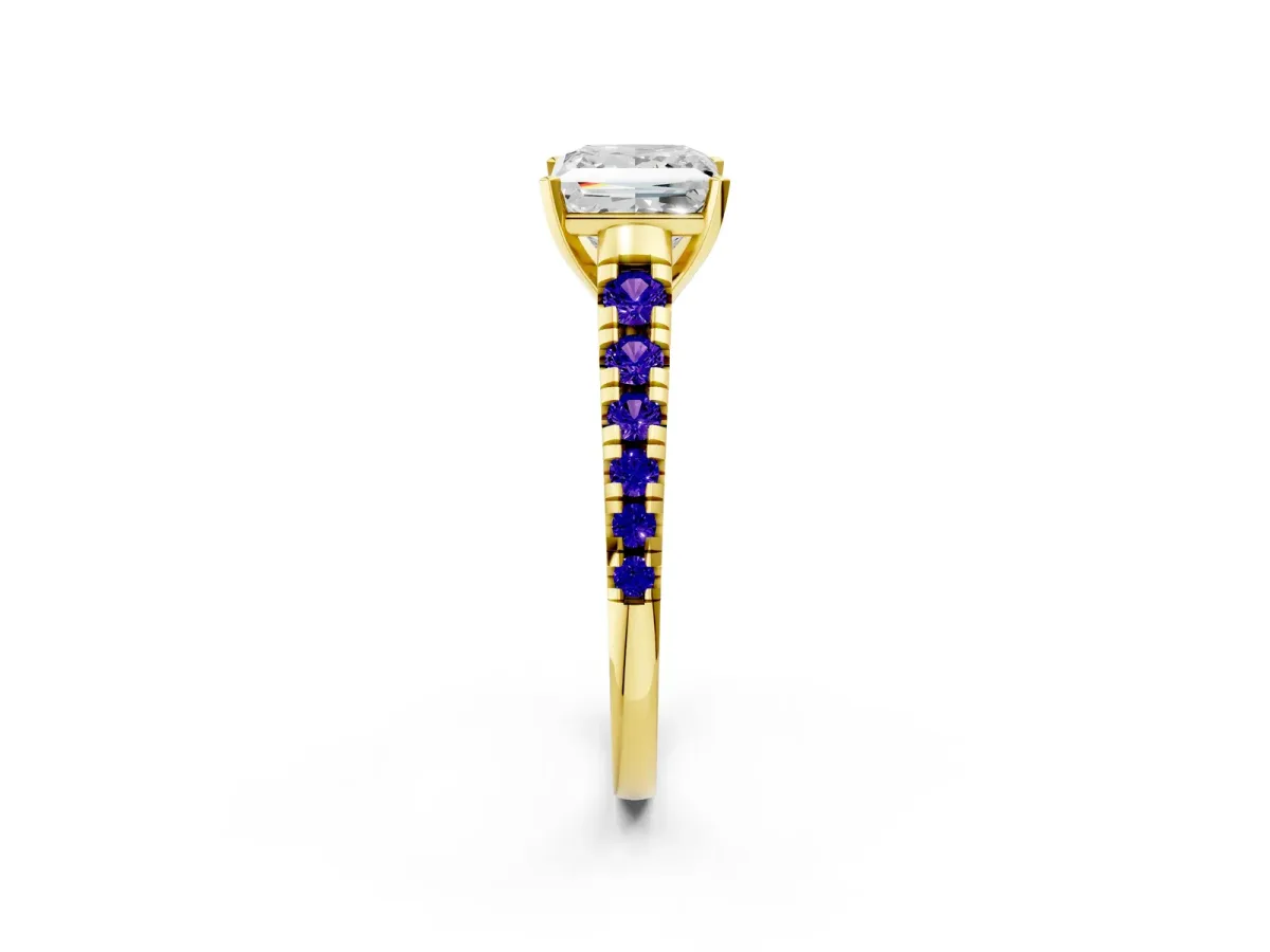 Princess Cut Diamond Cathedral Solitaire Ring with Round Tanzanite Pavé Band Yellow gold
