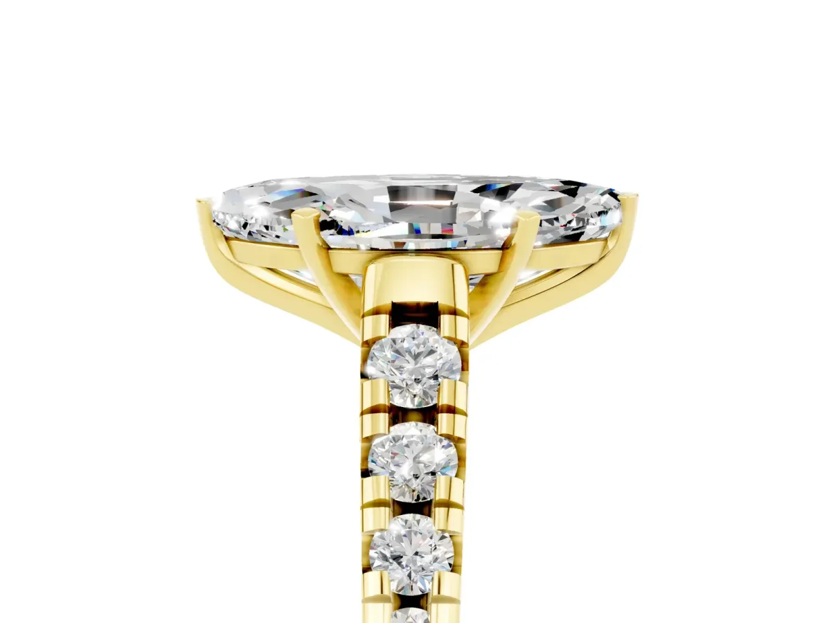 Marquise Cut Moissanite Cathedral Solitaire Ring with Round Pavé Band Yellow gold