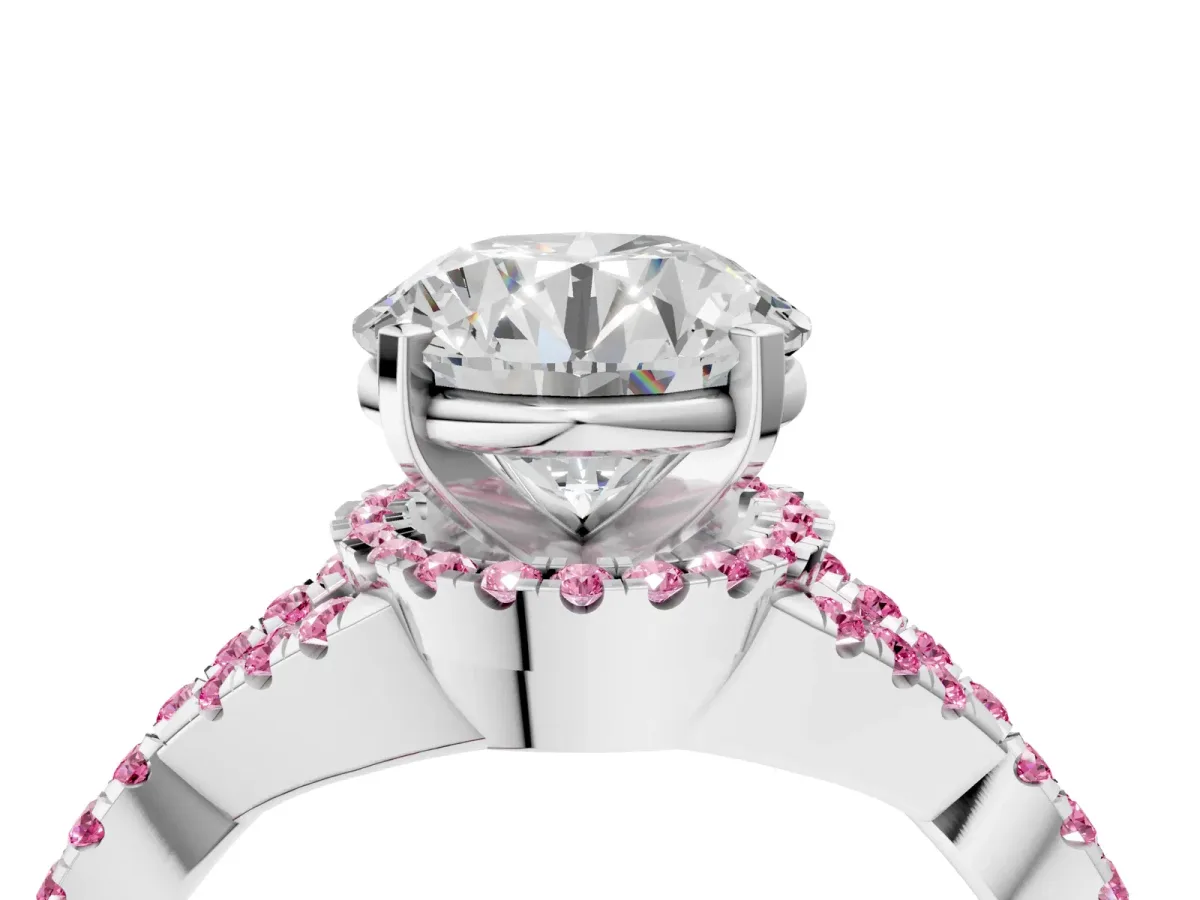 Round Cut Diamond Pink Sapphire Halo Twist Band Solitaire Prong Setting Ring White gold