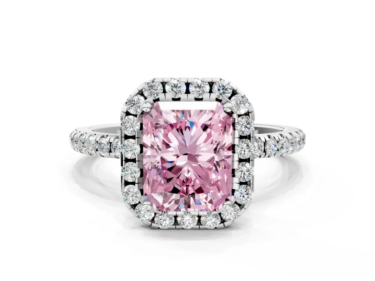 Fancy Pink Radiant Cut Diamond Halo Engagement Ring with Round Pavé Band and Prong Setting Platinum