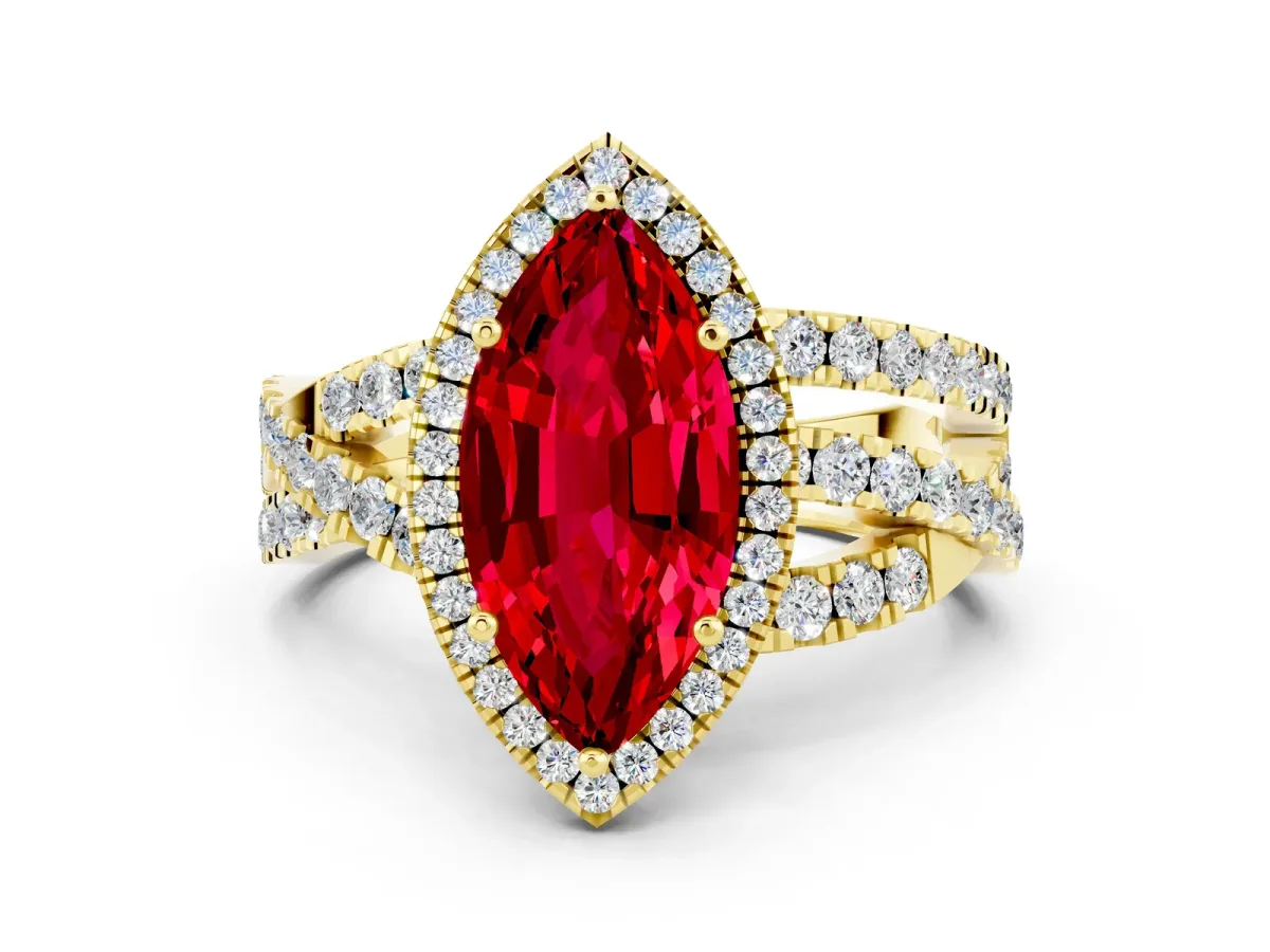 Marquise Cut Ruby Halo Ring with Round Split Shank and Prong Setting Yellow gold