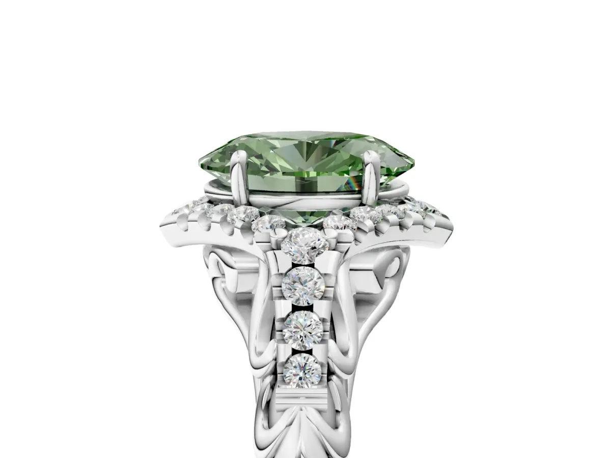 Fancy Green Oval Cut Diamond Solitaire Ring with Hidden Halo and Pavé Band White gold
