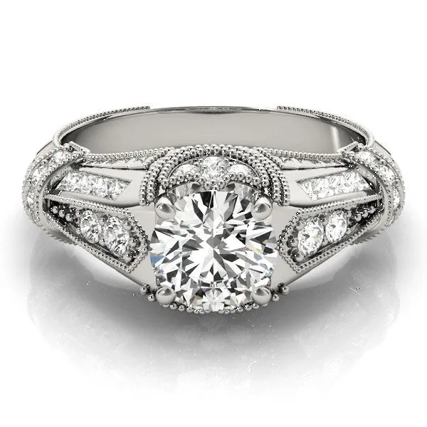 Vintage Milgrain Round Cut Diamond Split Shank Ring with Prong Setting White gold