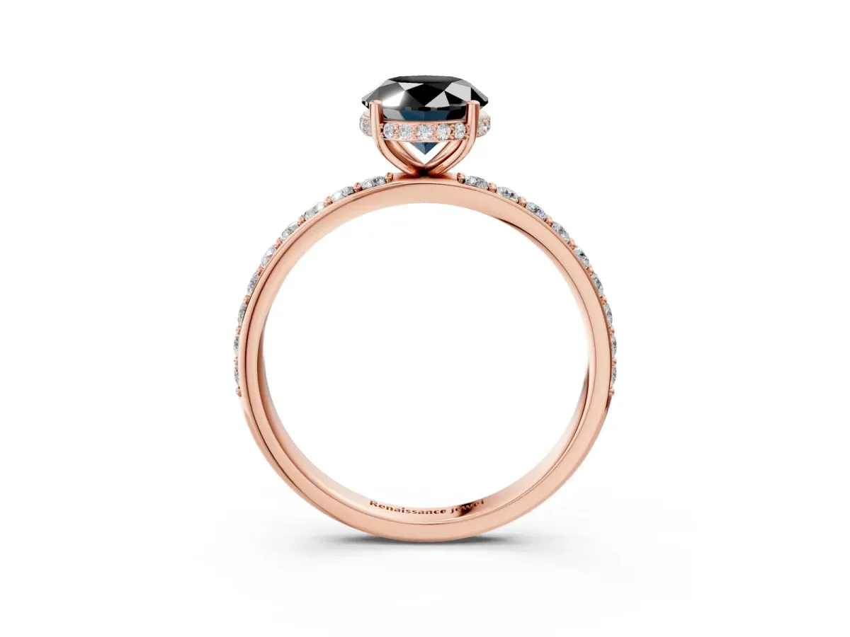 Fancy Black Oval Cut Diamond Solitaire Ring with Pavé Band and Hidden Halo Rose gold