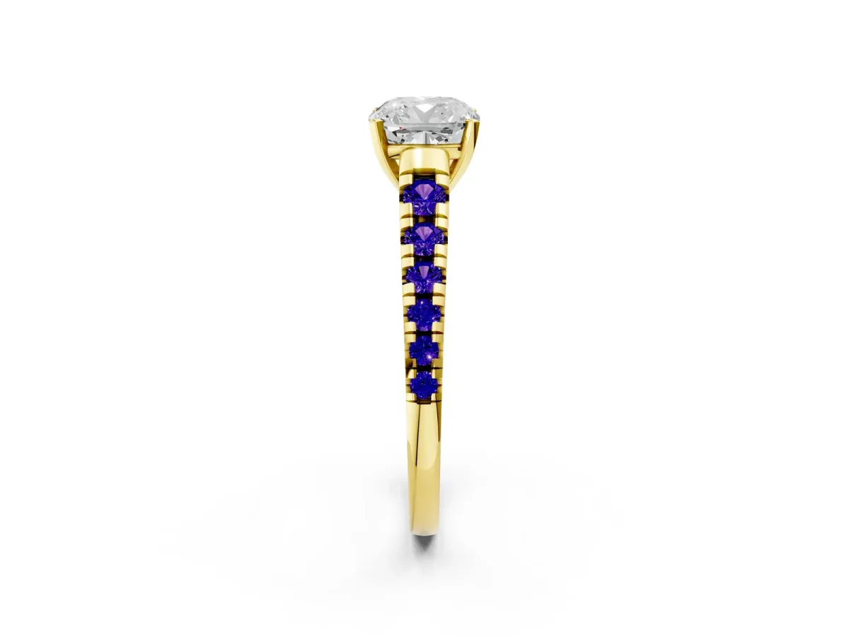 Cushion Cut Diamond Cathedral Solitaire Ring with Round Tanzanite Pavé Band Yellow gold