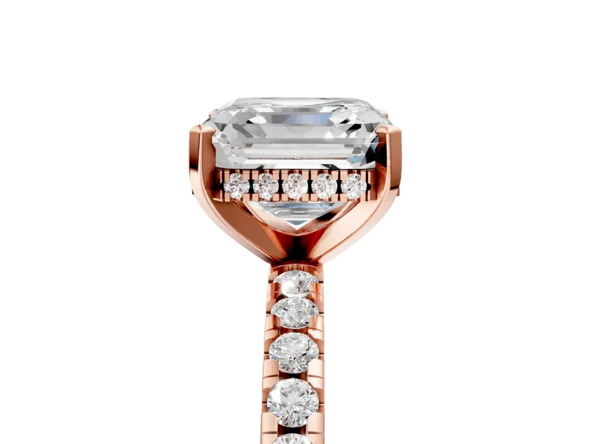 Asscher Cut Diamond Solitaire Ring with Round Moissanite Pavé Band and Four-Prong Setting Rose gold