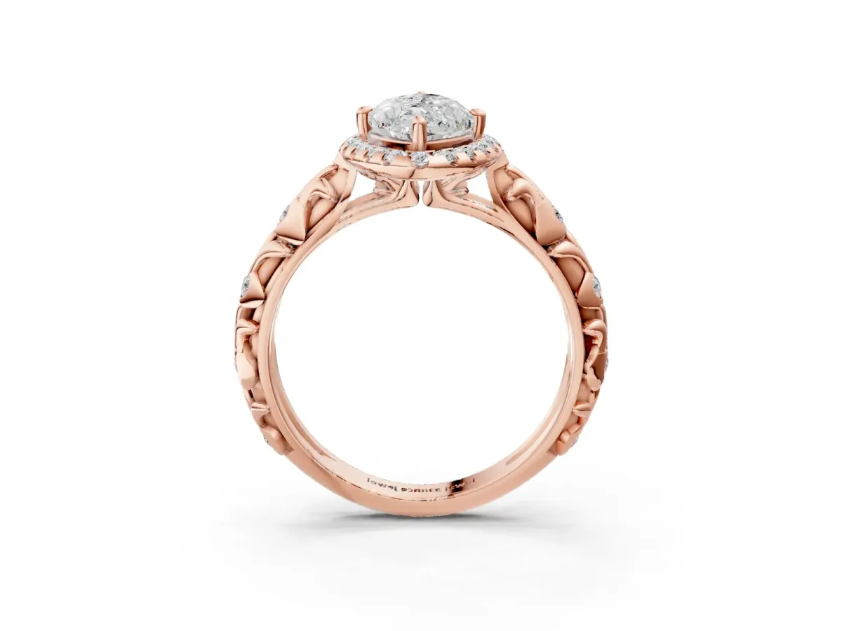 Marquise Cut Diamond Halo Ring with Filigree Band and Prong Setting Rose gold