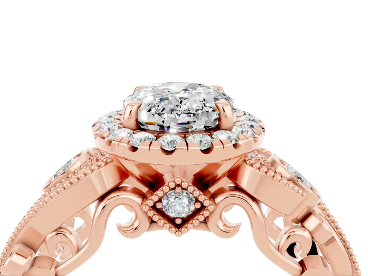 Oval Cut Moissanite Halo Ring with Milgrain Pavé Band and Four-Prong Setting Rose gold