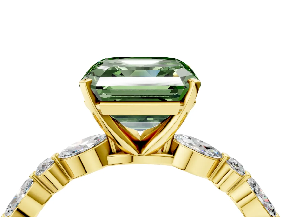 Fancy Green Asscher Cut Diamond Ring with Marquise and Round Side Stones and Four-Prong Setting Yellow gold