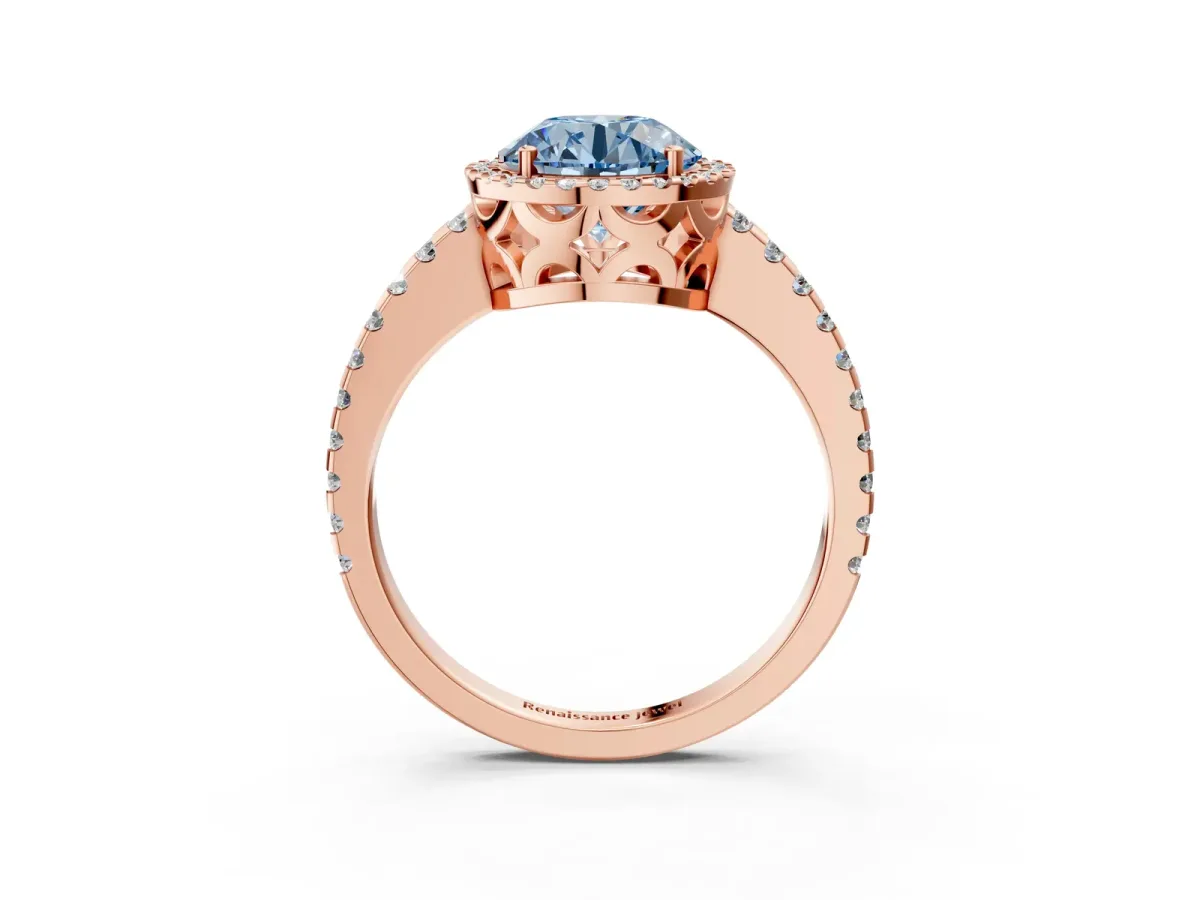 Fancy Blue Round Cut Diamond Halo Engagement Ring with Pavé Band and Prong Setting Rose gold