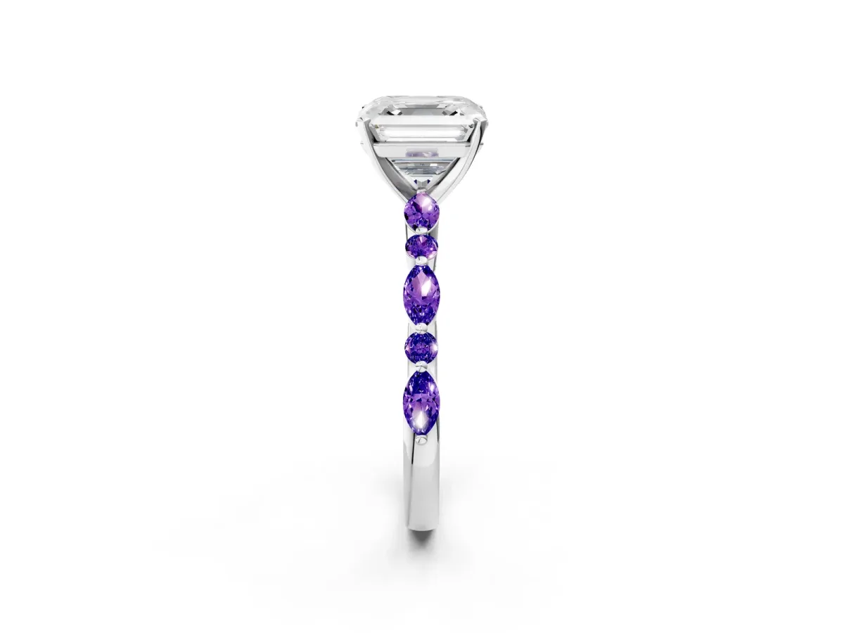 Asscher Cut Diamond Ring with Marquise and Round Tanzanite Side Stones and Four-Prong Setting White gold