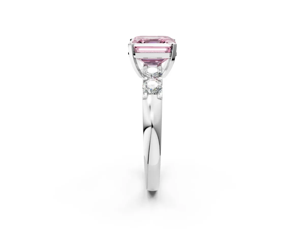 Fancy Pink Asscher Cut Brilliant Cut Diamond Five-Stone Prong Set Engagement Ring with Channel Band Platinum
