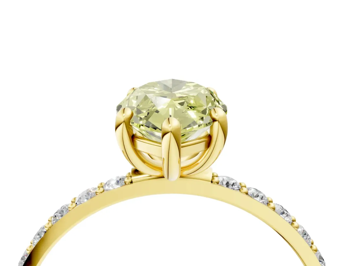 Fancy Yellow Marquise Cut Diamond Solitaire Ring with Round Pavé Band and Prong Setting Yellow gold