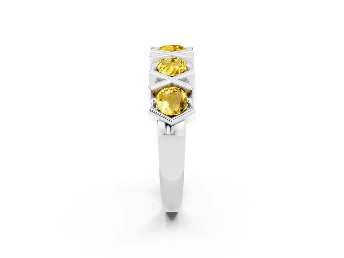 Round Yellow Sapphire Channel Set Band with X-Prong Detail White gold