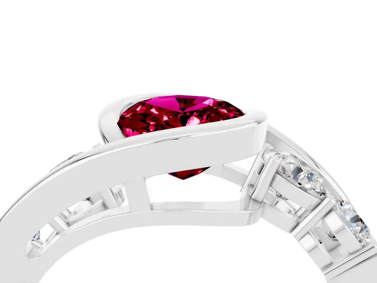 Bezel Set Oval Cut Garnet Bypass Ring with Round Accents Platinum
