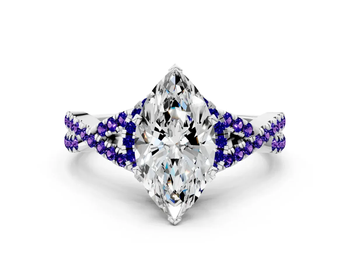 Marquise Cut Diamond Tanzanite Halo Twist Band Solitaire Prong Setting Ring White gold