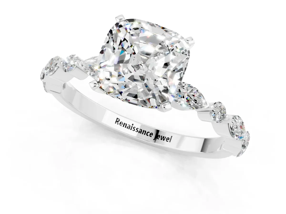 Cushion Cut Moissanite Ring with Marquise and Round Side Stones and Four-Prong Setting White gold