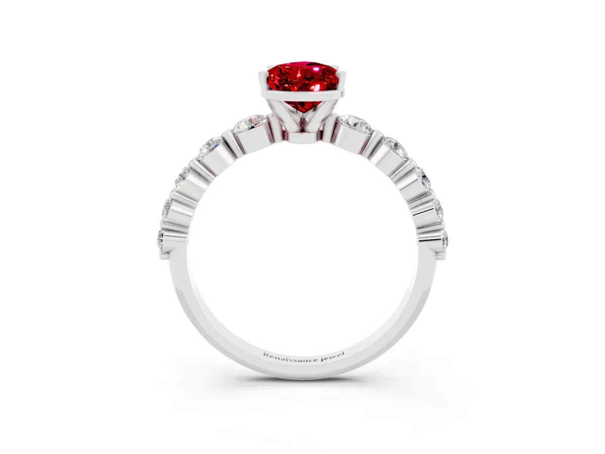 Pear Cut Solitaire Ruby Ring with Pave Band and Four-Prong Setting White gold