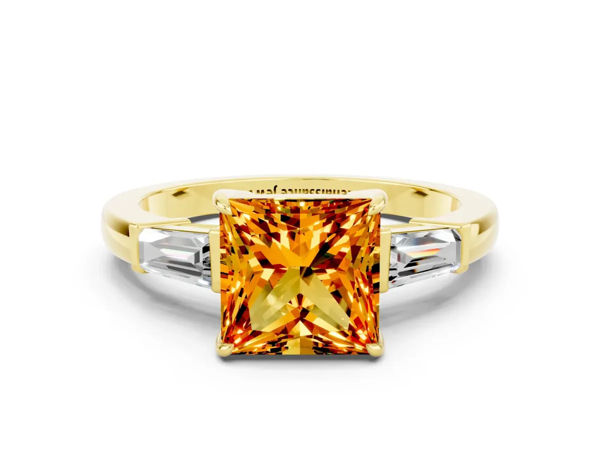 Princess Cut Citrine Three-Stone Ring with Tapered Baguette Side Stones and Prong Setting Yellow gold