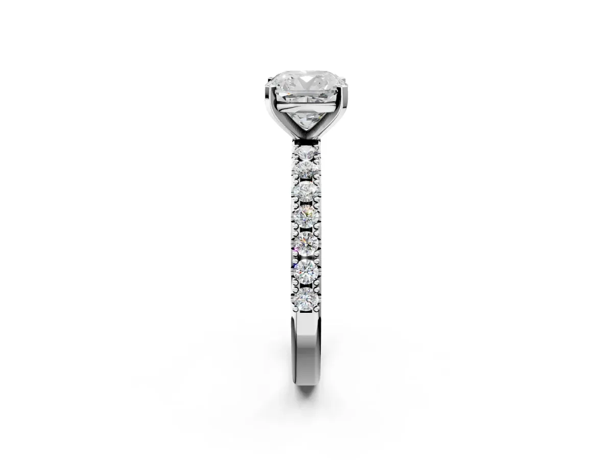 Cushion Cut Diamond Solitaire Pavé Band with Four-Prong Setting Silver