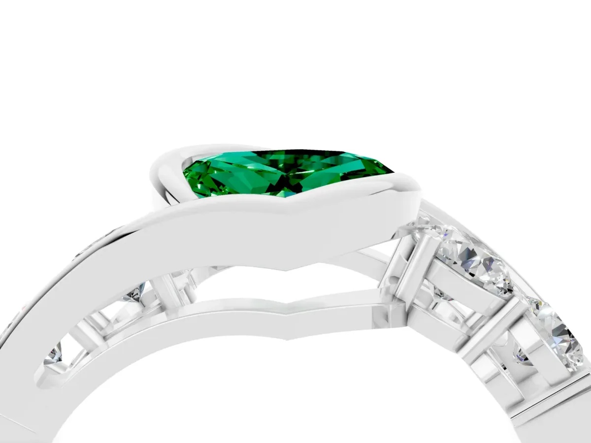 Bezel Set Heart Cut Emerald Bypass Ring with Round Accents Platinum