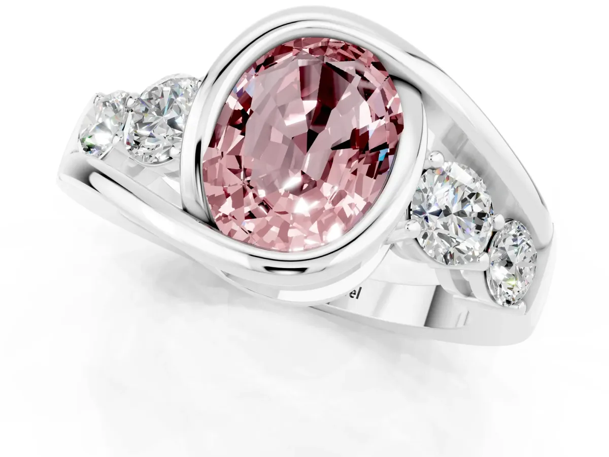Bezel Set Oval Cut Morganite Bypass Ring with Round Accents Platinum
