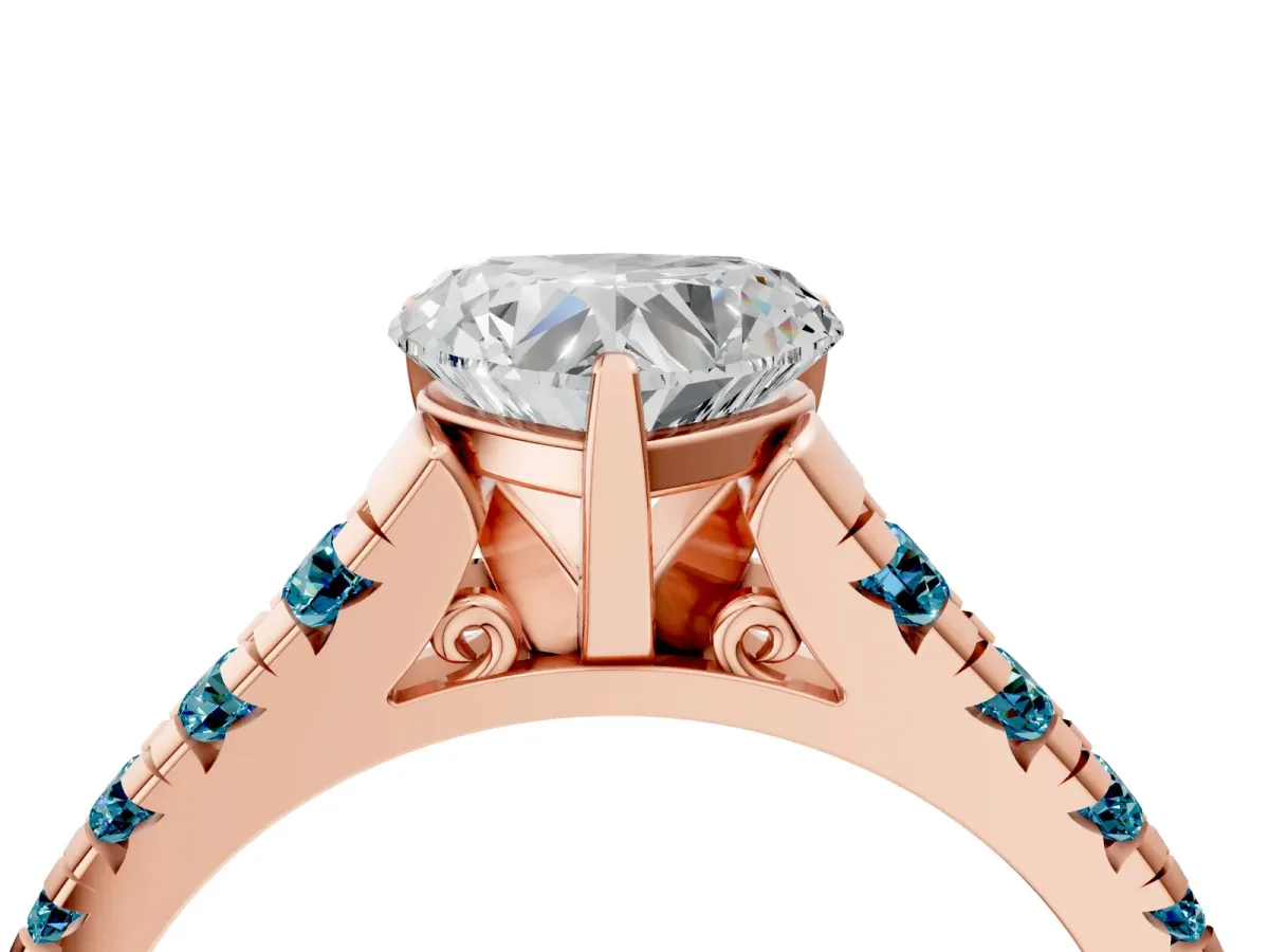 Heart Cut Diamond Cathedral Solitaire Ring with Round Blue Topaz Pavé Band Rose gold