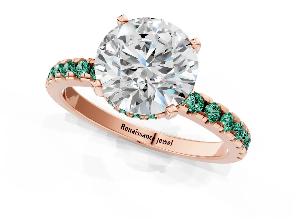 Round Cut Diamond Solitaire Ring with Round Green Sapphire Pavé Band and Four-Prong Setting Rose gold
