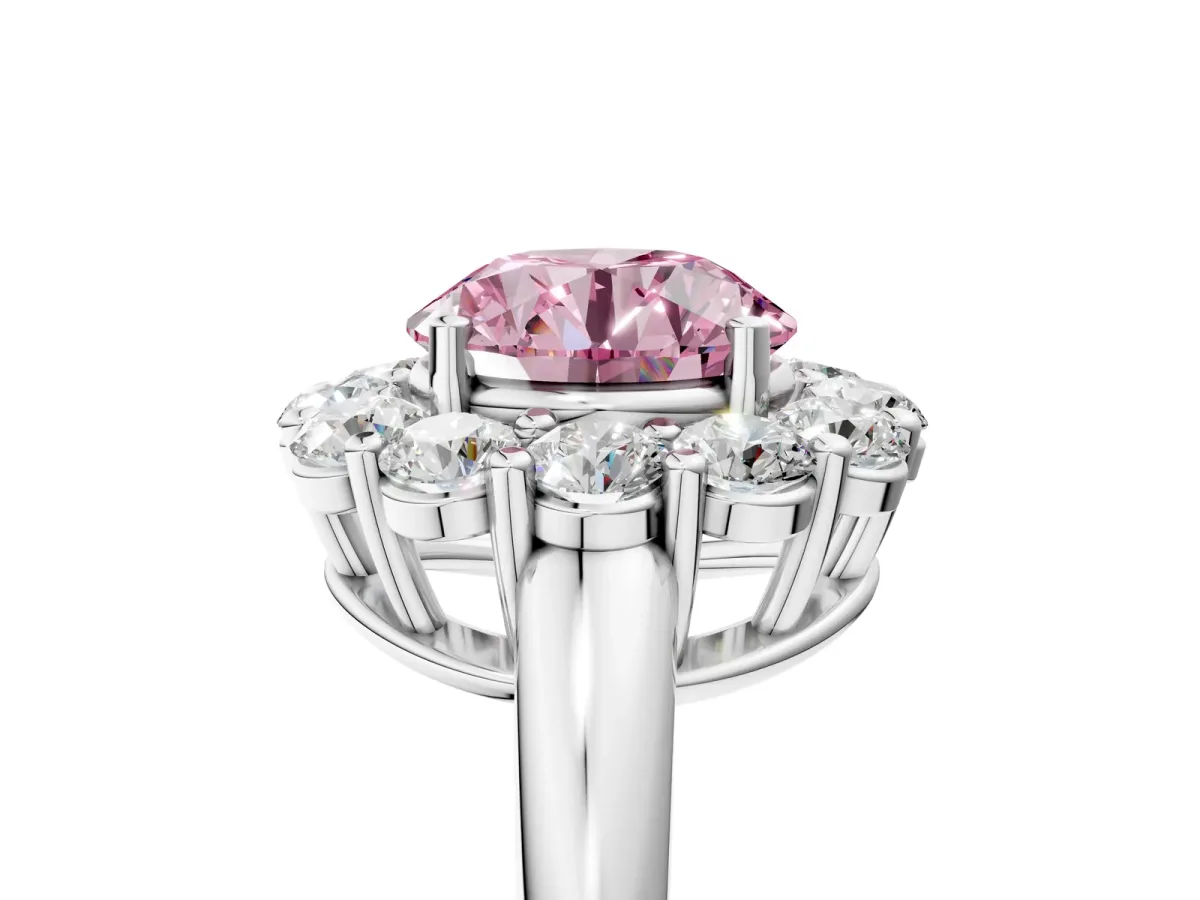 Fancy Pink Round Cut Halo Cluster Diamond Engagement Ring with Prong Setting and Polished Band White gold