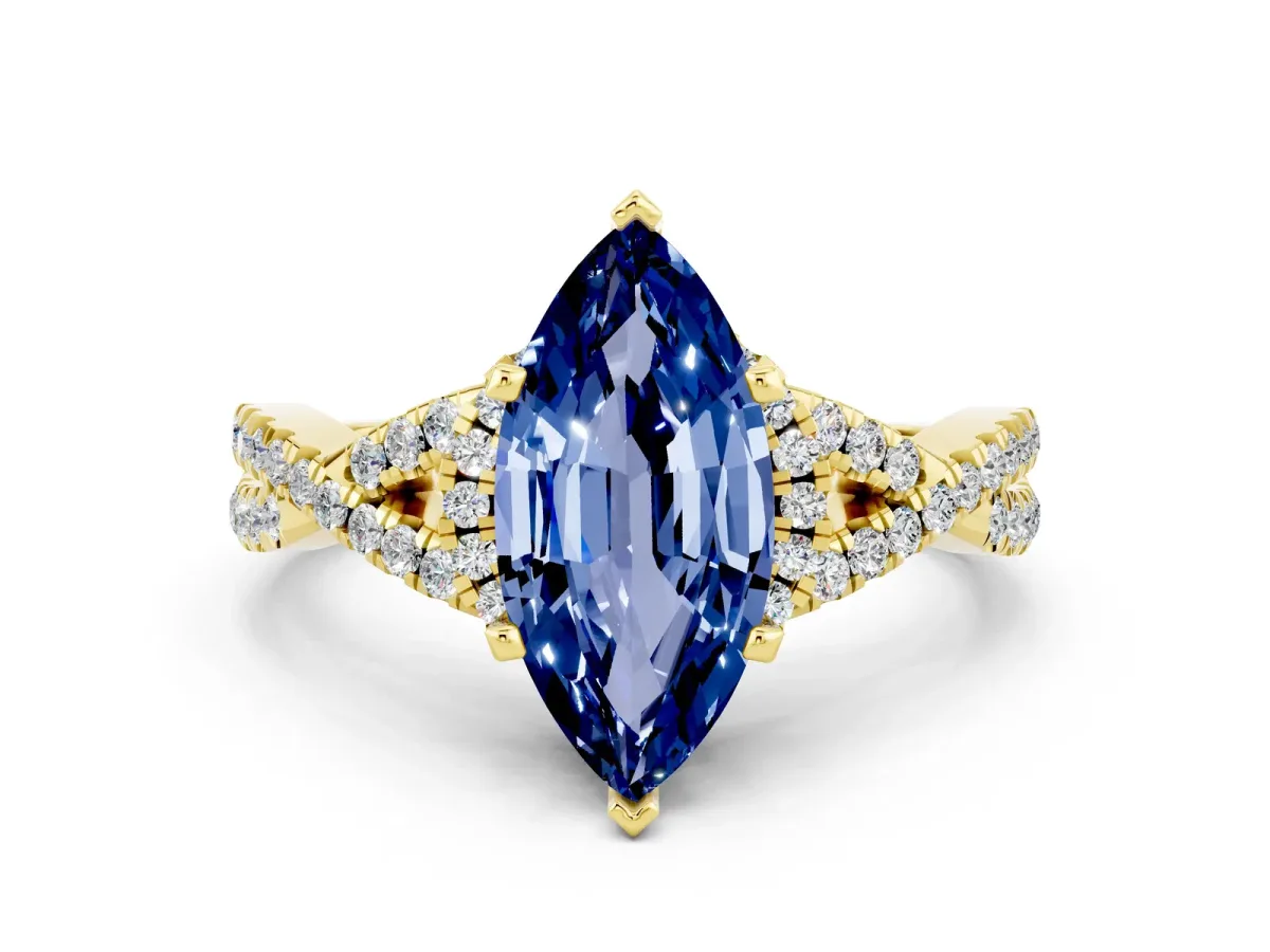 Marquise Cut Blue Sapphire Halo Twist Band Solitaire Prong Setting Ring Yellow gold