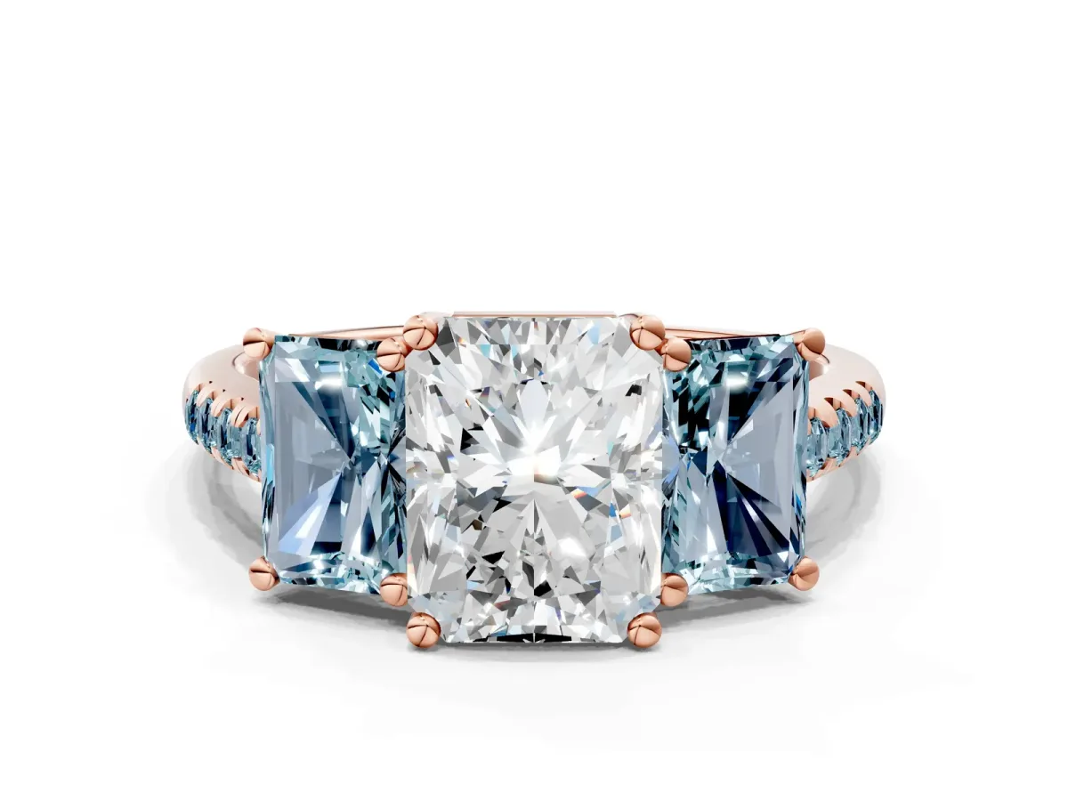 Three-Stone Radiant Cut Diamond Ring with Round Aquamarine Pavé Band and Prong Setting Rose gold