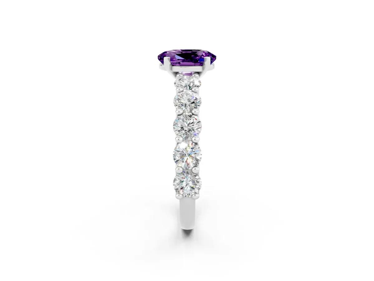 Oval Cut Amethyst Prong Setting with Side Stones on a Pave Band Silver