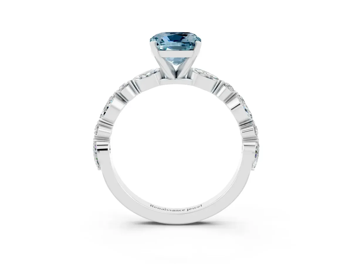 Cushion Cut Aquamarine Ring with Marquise and Round Side Stones and Four-Prong Setting White gold