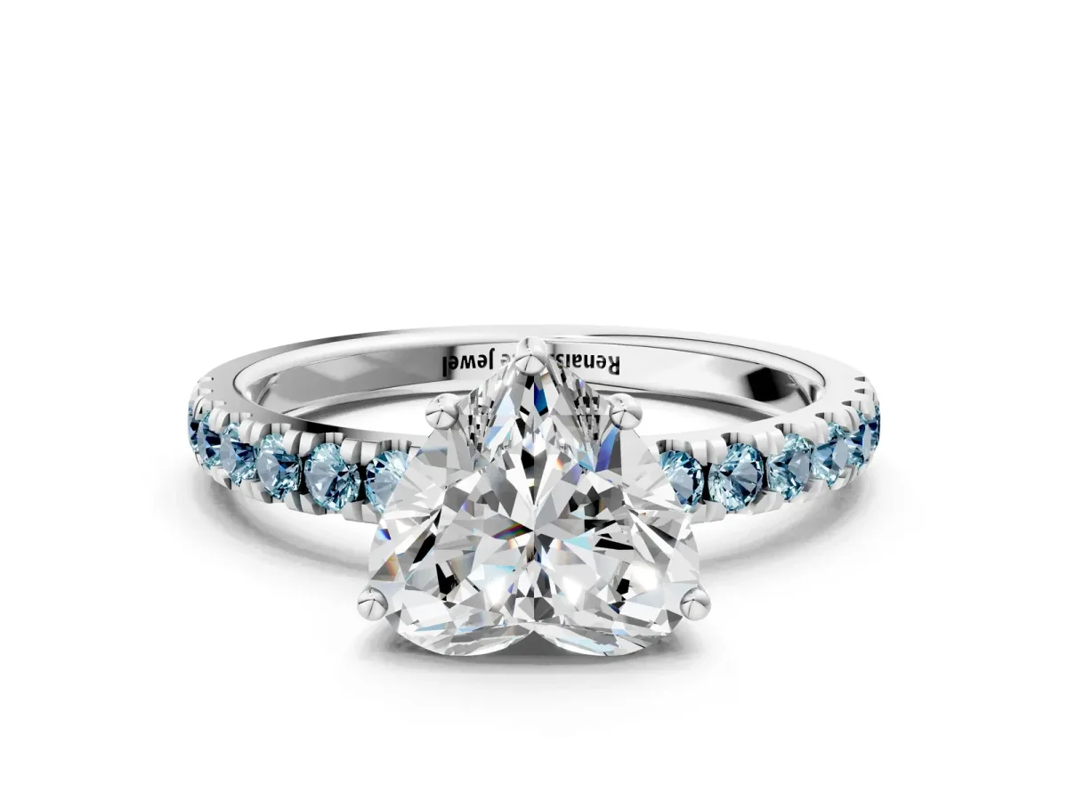 Heart Cut Diamond Pave Band Solitaire Ring with Round Aquamarine and Prong Setting White gold