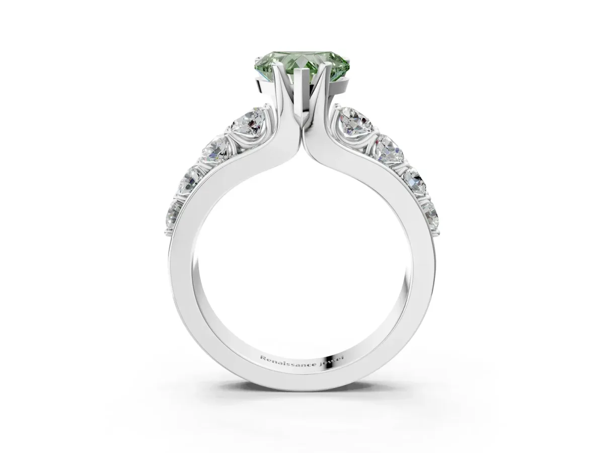 Fancy Green Heart Cut Brilliant Solitaire with Side Stones on a Pave Band and Four-Prong Setting Platinum