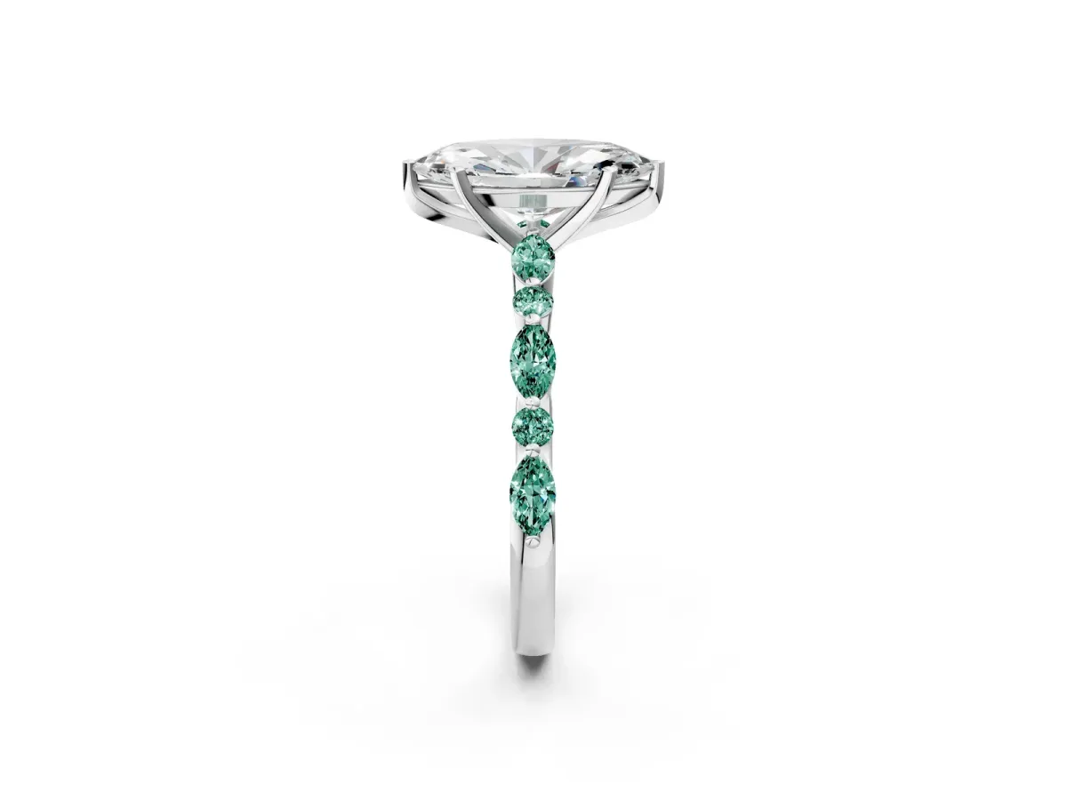 Marquise Cut Diamond Ring with Marquise and Round Green Sapphire Side Stones and Four-Prong Setting Platinum