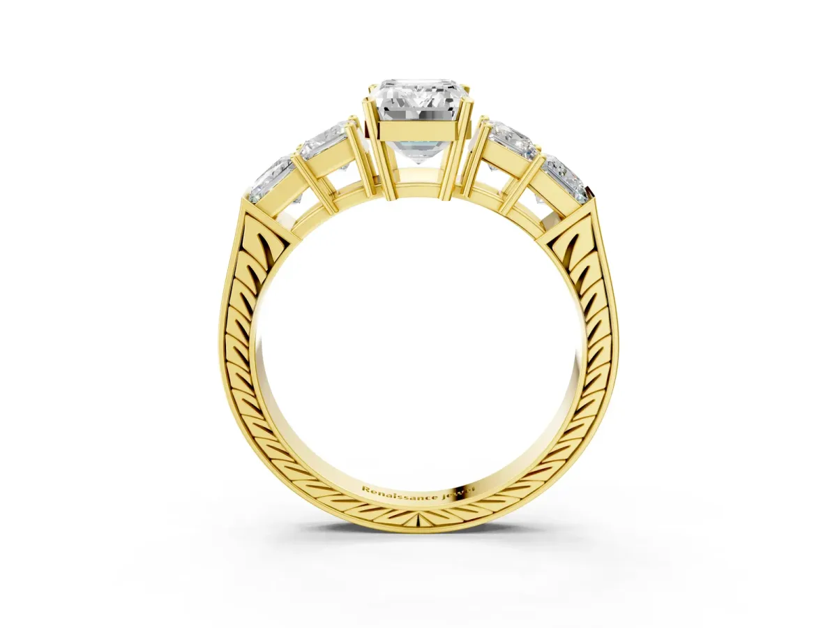 Emerald Cut Solitaire Princess Side Stone Engraved Band Prong Setting Ring Yellow gold