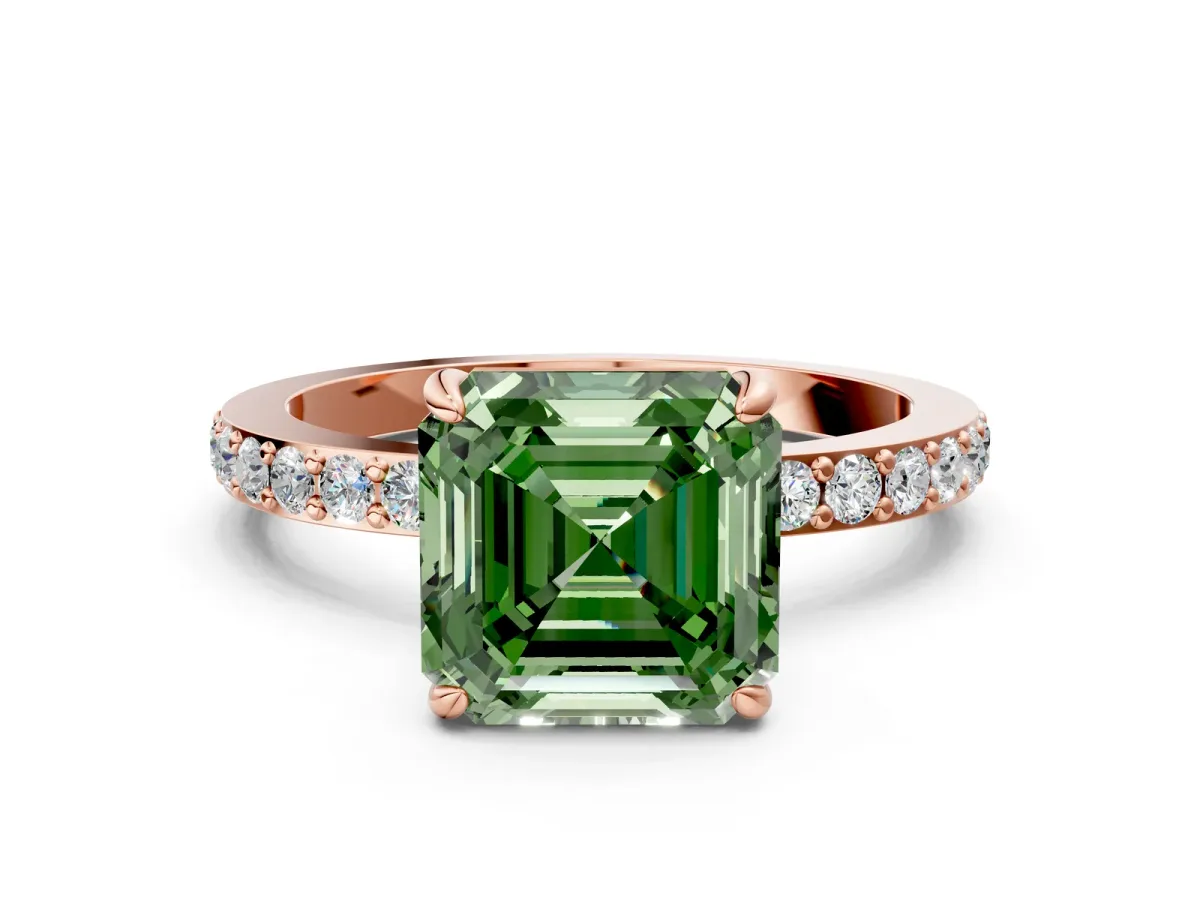 Fancy Green Asscher Cut Diamond Solitaire Engagement Ring with Pavé Band and Four-Prong Setting Rose gold