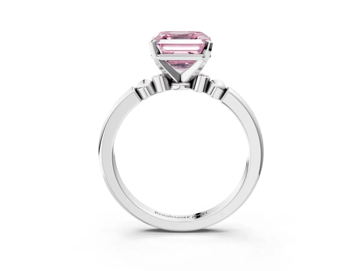Fancy Pink Asscher Cut Solitaire Beaded Band with Four-Prong Setting Platinum