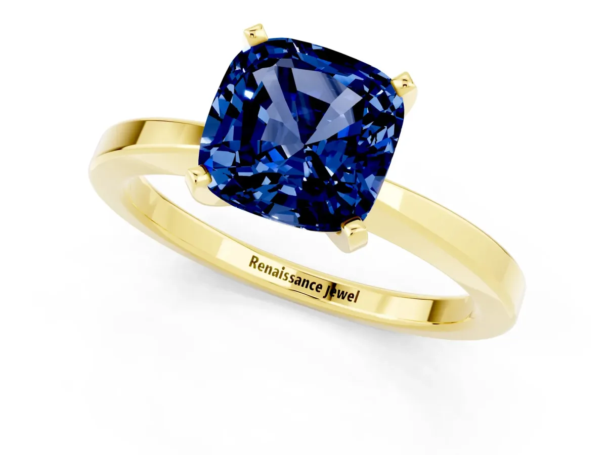 Cushion Cut Blue Sapphire Solitaire Engagement Ring with Classic Band and Four-Prong Setting Yellow gold