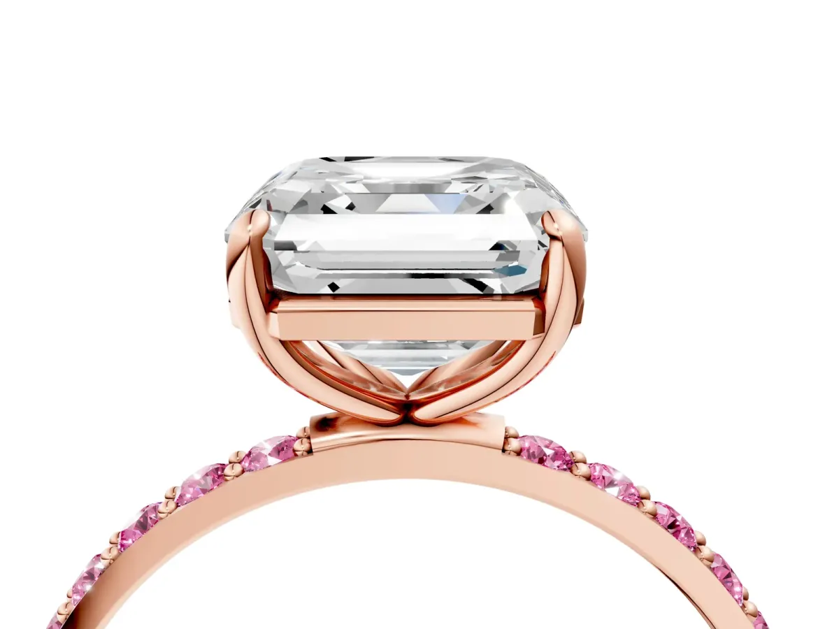Asscher Cut Diamond Solitaire Ring with Round Pink Sapphire Pavé Band and Prong Setting Rose gold