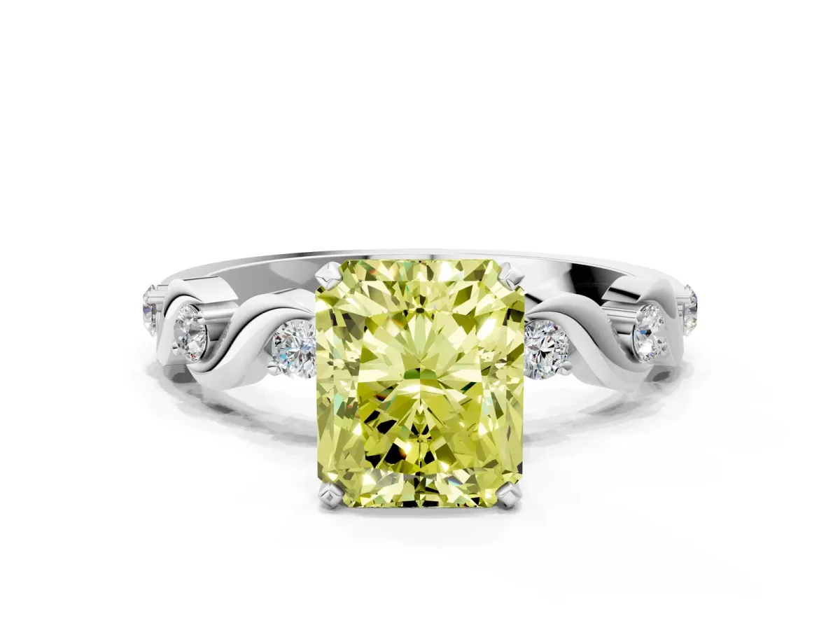 Fancy Yellow Radiant Cut Diamond Solitaire Twisted Band with Round Accents and Prong Setting White gold